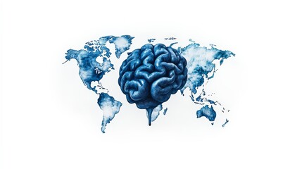Global Connectivity: Neural Brain Overlaid on Cloudy World Map Illustration