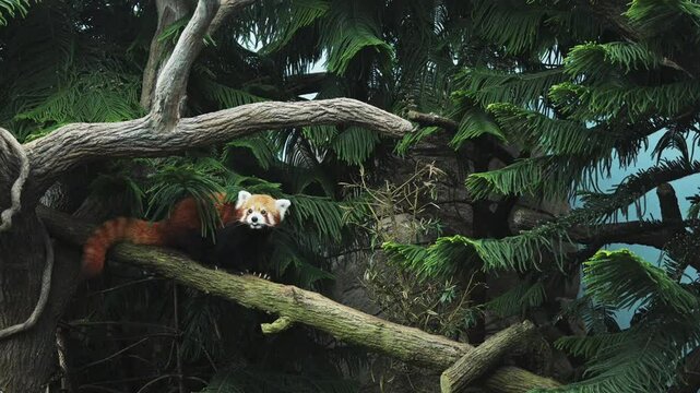 red panda, Ailurus fulgens, also called the lesser panda and the red cat-bear walking on a tree. Singapore zoo. Cute little bear. Wild animal in natural habitat. Singapore zoo. Wildlife mammal animals