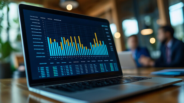 Laptop displaying financial graphs in modern office setting. Business presentation in a conference room