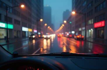 Naklejka premium Foggy day in the car, blurry view through the windshield