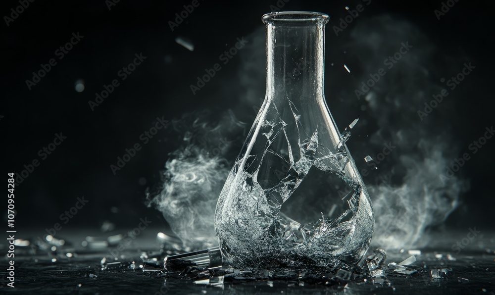 Poster a broken laboratory flask on a dark background with smoke rising from it. the flask has visible crac
