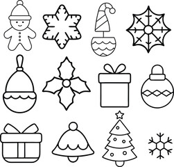 Christmas line art icons set on white 