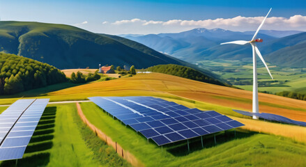 Solarpark in Europa mit Windturbinen . Öko Strom . KI Generated
