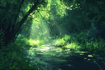 Obraz premium Sunbeams Illuminating a Tranquil Forest Stream