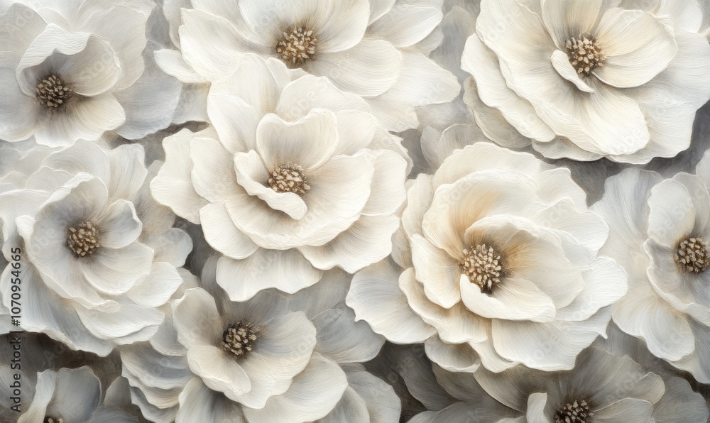 Poster a close-up view of a collection of white flowers with layered petals, creating a textured and detail
