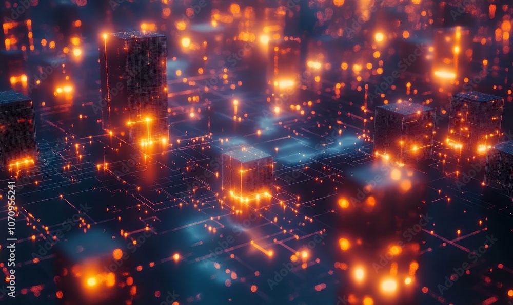 Poster blockchain technology visualization, glowing digital blocks, abstract data networks, dark tech setti