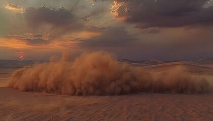 Atmospheric Image of a Desert at Dusk with Swirling Dust Storms
