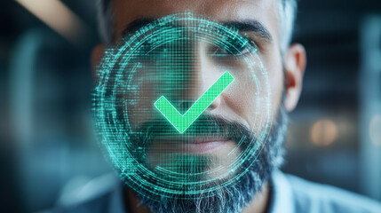 A man's face is scanned with a green checkmark.