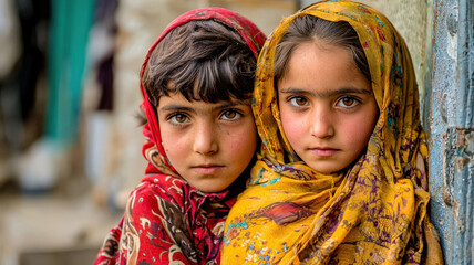 Fototapeta premium Powerful image of children affected by armed conflict, displaying their resilience and hope for peace, highlighting the strength and courage amidst adversity