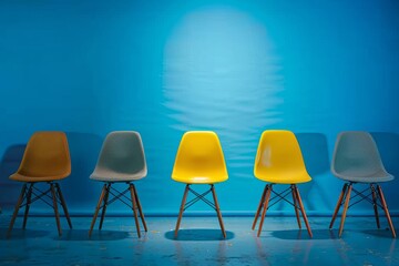 Yellow chair popping out among subdued chairs, under a spotlight against a blue studio backdrop