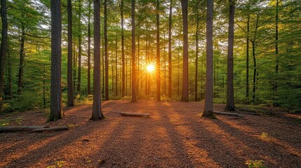 Sunset rays through forest trees.