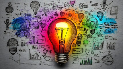 A brightly glowing light bulb with colorful accent