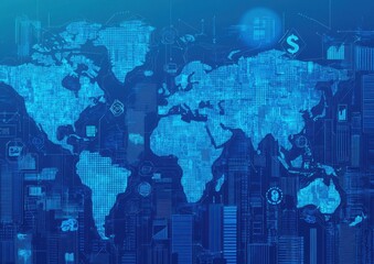 Digital map of global network and financial icons on a blue background with buildings in a city for an online business, marketing, or digital trade concept Generative AI