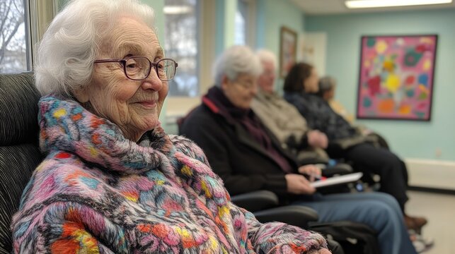 A diverse group of older adults relaxes together in a bright community center. They engage in conversation and activities, creating a warm atmosphere.