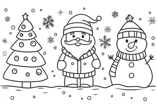 coloriage pour enfant, illustration no&euml;l,  p&egrave;re no&euml;l, cadeaux, bonhomme de neige, sapin, blanc, costume, tradition, neige, hiver