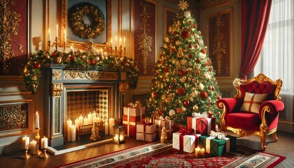 Fototapeta premium Luxurious Christmas Room with Grand Decorated Tree and Lit Fireplace – Elegant Holiday Interior with Presents and Festive Ambiance
