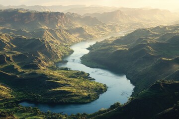 A Winding River Carving Through a Verdant Mountain Range