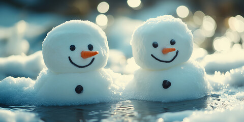 Obraz premium Joyful marshmallow snowmen enjoying a playful moment on a sunny winter day