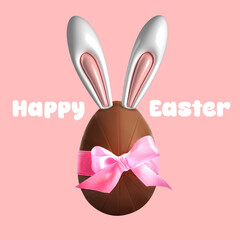 Happy Easter. Chocolate egg with bunny ears and bow on pink background