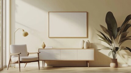 Modern Living Room Interior with TV Mockup on Cream Wall and Decor