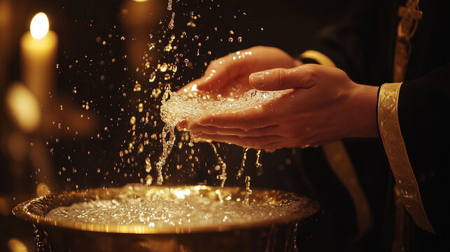 Priest's hands over holy water in ceremonial setting