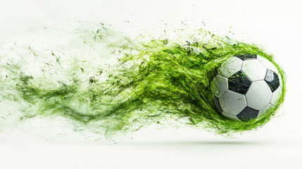 Dynamic Design Featuring A Black And White Soccer Ball In Motion, Surrounded By Subtle Green Grass Blades On A Clean White Backdrop, Conveying Energy And Excitement