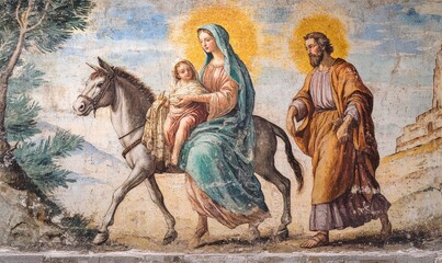 Biblical depiction of pregnant Mary riding a donkey, with Joseph walking beside her, symbolizing their journey to Bethlehem before the birth of Jesus