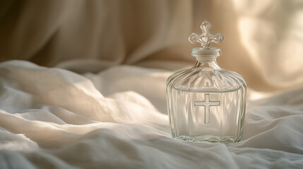 Crystal bottle with cross symbol on soft fabric background