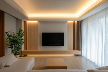 Modern Living Room Interior with TV Cabinet, Minimalist Design in Elegant Green Tones