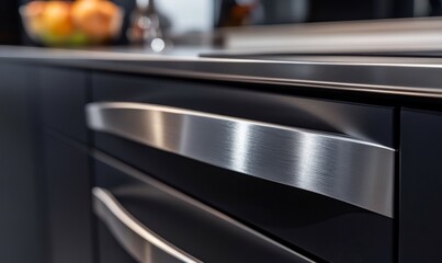 Obraz premium Close-up of a sleek, modern metal appliance drawer with a brushed stainless steel finish, showing a smooth, curved handle and seamless design