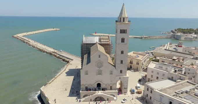 Aerial view of the Duomo of Trani, in Puglia, Italy. The cathedral basilica of Santa Maria Assunta, commonly known as San Nicola Pellegrino, is the main place of Catholic worship in the city.