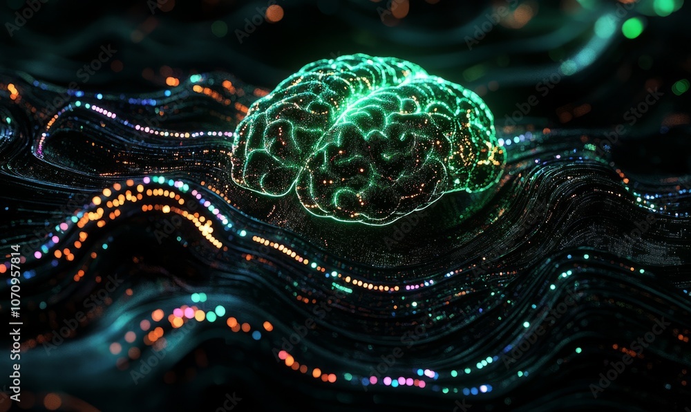 Poster advanced neural networks, abstract glowing brain, data streams, dark techfocused background