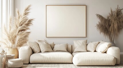 A minimalist living room with a light-colored sofa and decorative plants.