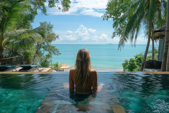 Young woman traveler enjoys a serene moment at a tropical infinity pool - Powered by Adobe