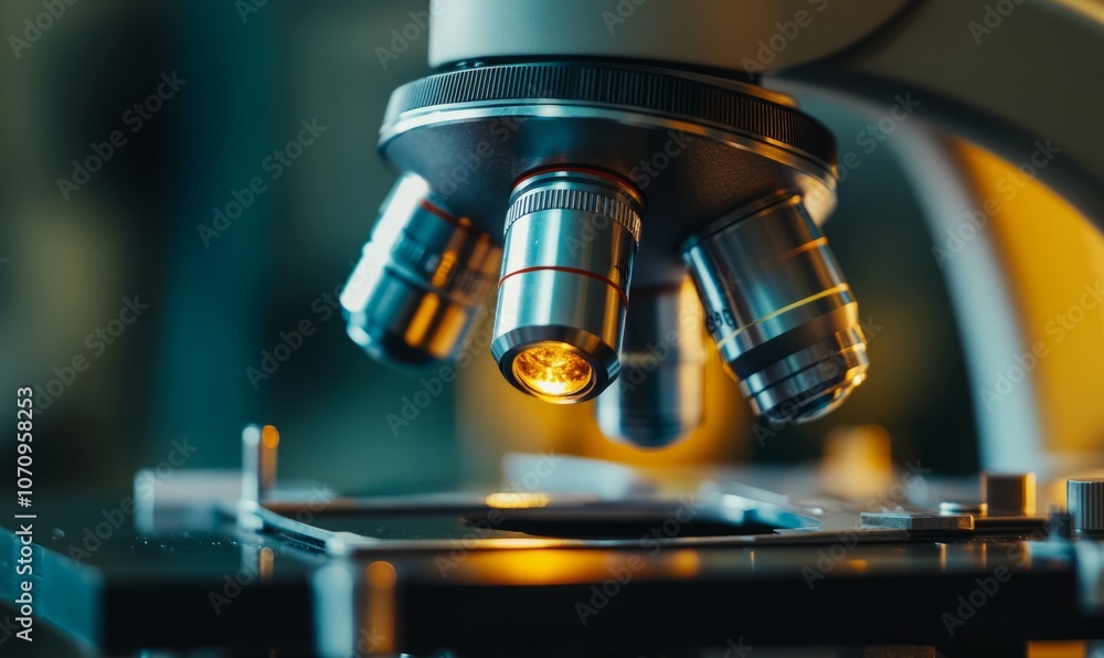 Poster close-up view of a microscope with a specimen stage illuminated in a laboratory setting during the e