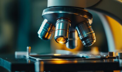 Close-up View of a Microscope With a Specimen Stage Illuminated in a Laboratory Setting During the Evening Hours