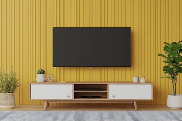 Modern TV Interior Design Concept with Yellow Accents in Living Room