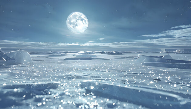 Frozen tundra landscape under a bright full moon