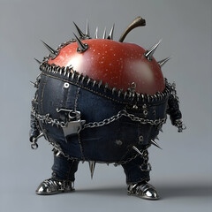 A red apple wearing a studded denim jacket, pants, and chains.