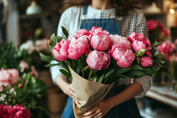 Flower shop consultant wrapping a bouquet of peonies while explaining floral care to a customer.