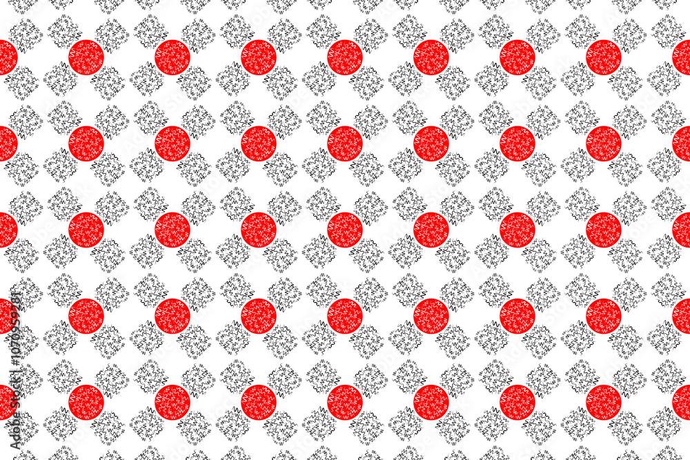 Poster a vibrant geometric pattern of red circles and intricate gray shapes on a white background
