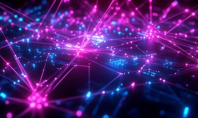 Blockchain nodes, neon glow effect, dark futuristic background, financial connections technology