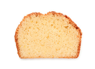 Slice of freshly baked sponge cake isolated on white, top view