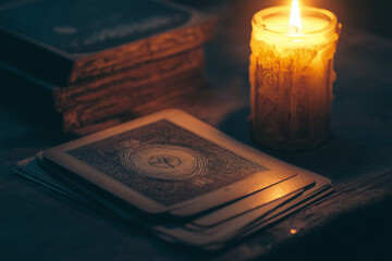 Tarot cards spread on a table alongside a burning candle