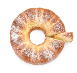 Freshly baked sponge cake isolated on white, top view