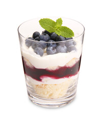 Tasty trifle dessert. Sponge cake, blueberries, jam and whipped cream in glass isolated on white