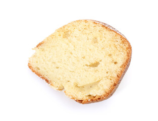 Piece of freshly baked sponge cake isolated on white, top view