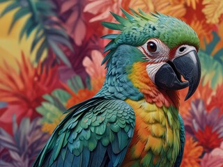 Obraz premium Brightly colored parrot with green, blue, and yellow feathers on leaf