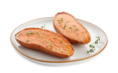 Halves of tasty cooked sweet potato with thyme isolated on white