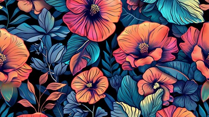Fototapeta premium A vibrant floral pattern with bright pink and orange flowers against a dark blue background.
